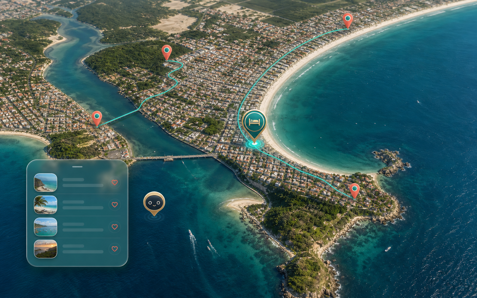Prévia do mapa inteligente da Vivaloo com costa, rotas e pontos selecionados